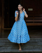 Load image into Gallery viewer, Blue Floral Hakoba Frock Kurti – Elegant Cotton Ethnic Wear - Stanwells Designs