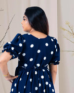 Load image into Gallery viewer, Navy Blue Polka Dot Flared Kurti for Women β Occasion & Party Wear by Stanwells Designs