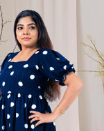 Load image into Gallery viewer, Navy Blue Polka Dot Flared Kurti for Women β Occasion & Party Wear by Stanwells Designs