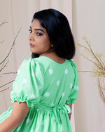 Load image into Gallery viewer, Pista green polka dot flared casual kurthi β Stanwells Designs