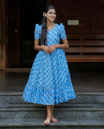 Load image into Gallery viewer, Blue Floral Hakoba Frock Kurti – Elegant Cotton Ethnic Wear - Stanwells Designs
