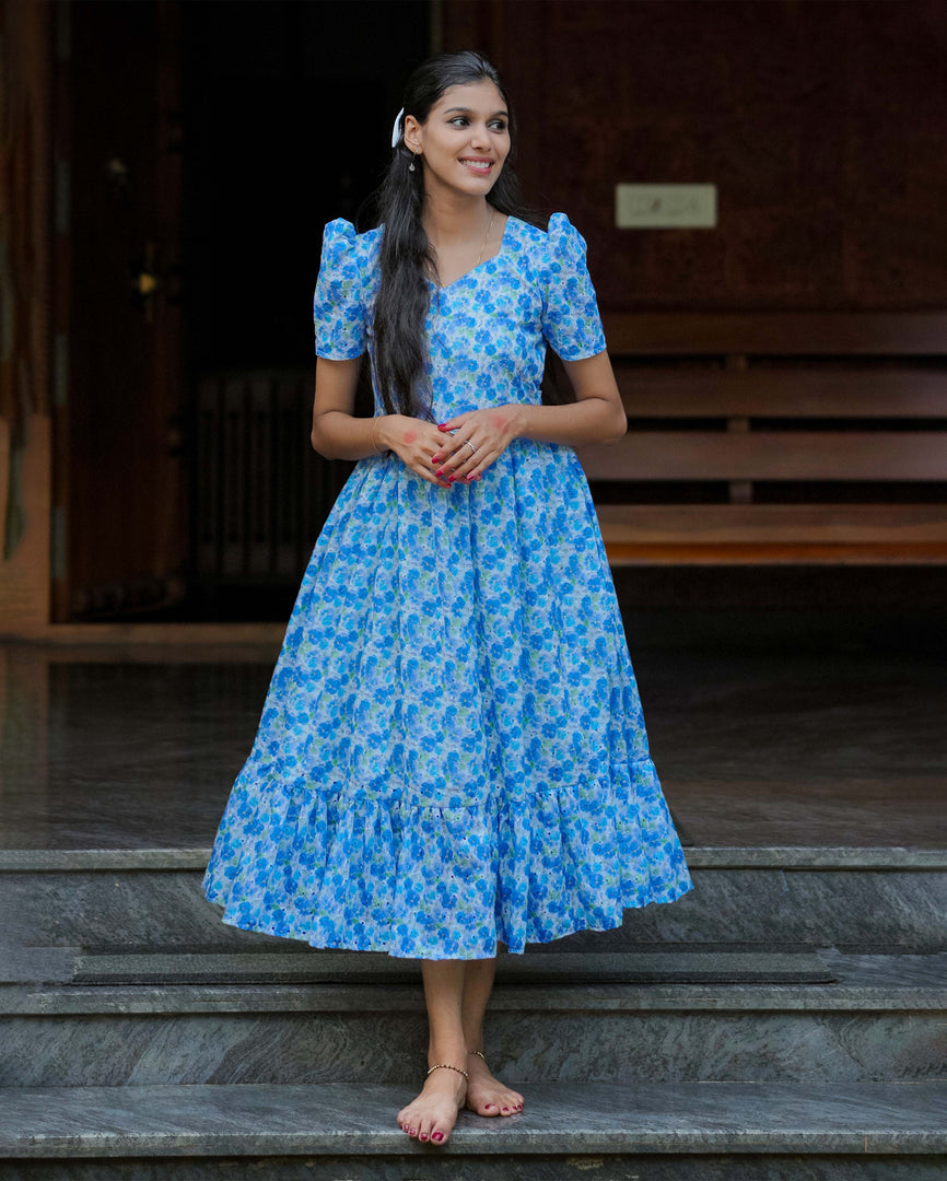 Blue Floral Hakoba Frock Kurti – Elegant Cotton Ethnic Wear - Stanwells Designs
