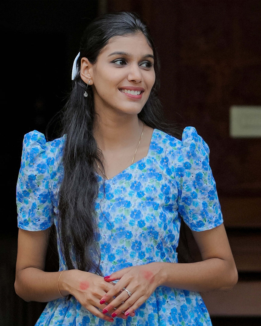Blue Floral Hakoba Frock Kurti – Elegant Cotton Ethnic Wear - Stanwells Designs