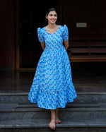 Load image into Gallery viewer, Blue Floral Hakoba Frock Kurti – Elegant Cotton Ethnic Wear - Stanwells Designs
