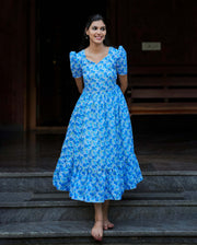 Blue Floral Hakoba Frock Kurti – Elegant Cotton Ethnic Wear - Stanwells Designs