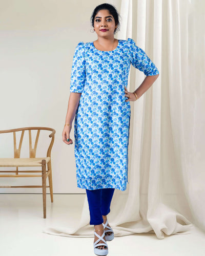 Blue floral printed hakoba kurthi – casual and festive wear by Stanwells Designs

