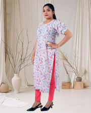 Floral printed linen cotton flared kurthi – celebration wear by Stanwells Designs
