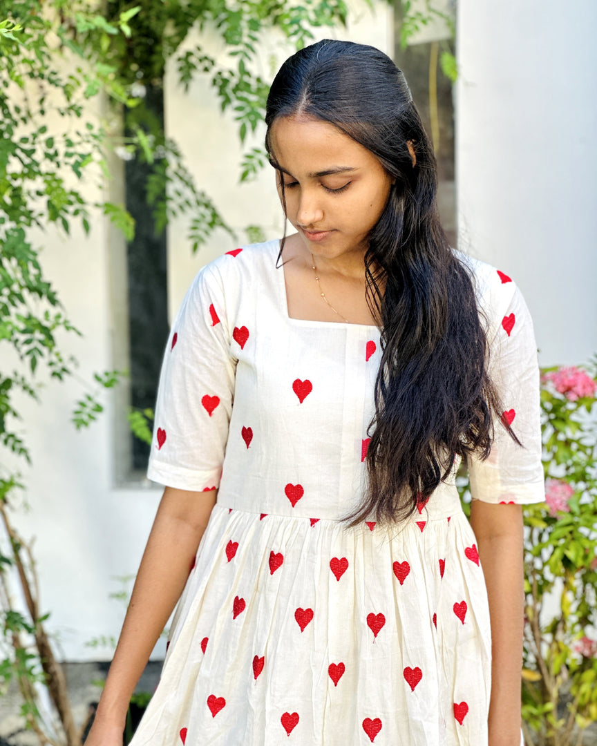 Offwhite Kora Cotton Heart Embroidey Frock Kurti - Stanwells Designs