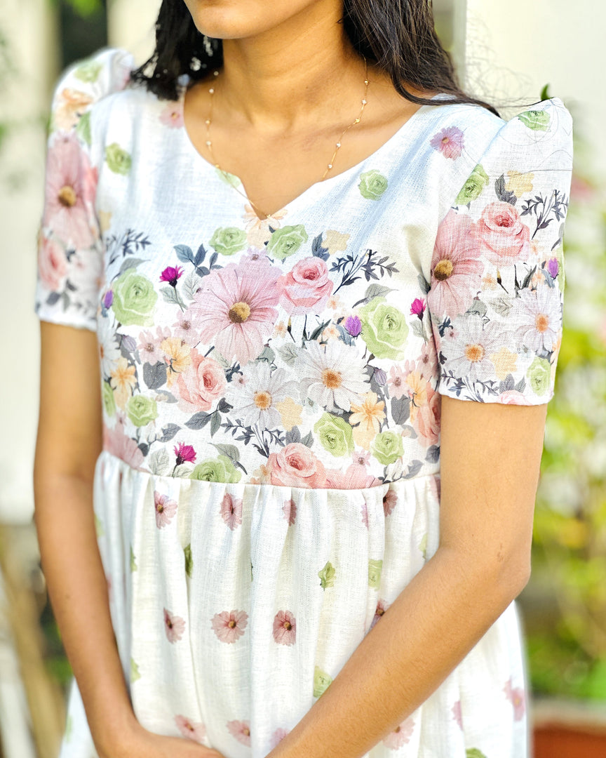 Offwhite Linen Floral Printed Frock Kurti - Stanwells Designs