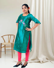 Rama Green Embroidered Silk Kurti for Women – Elegant Occasion Wear by Stanwells Designs